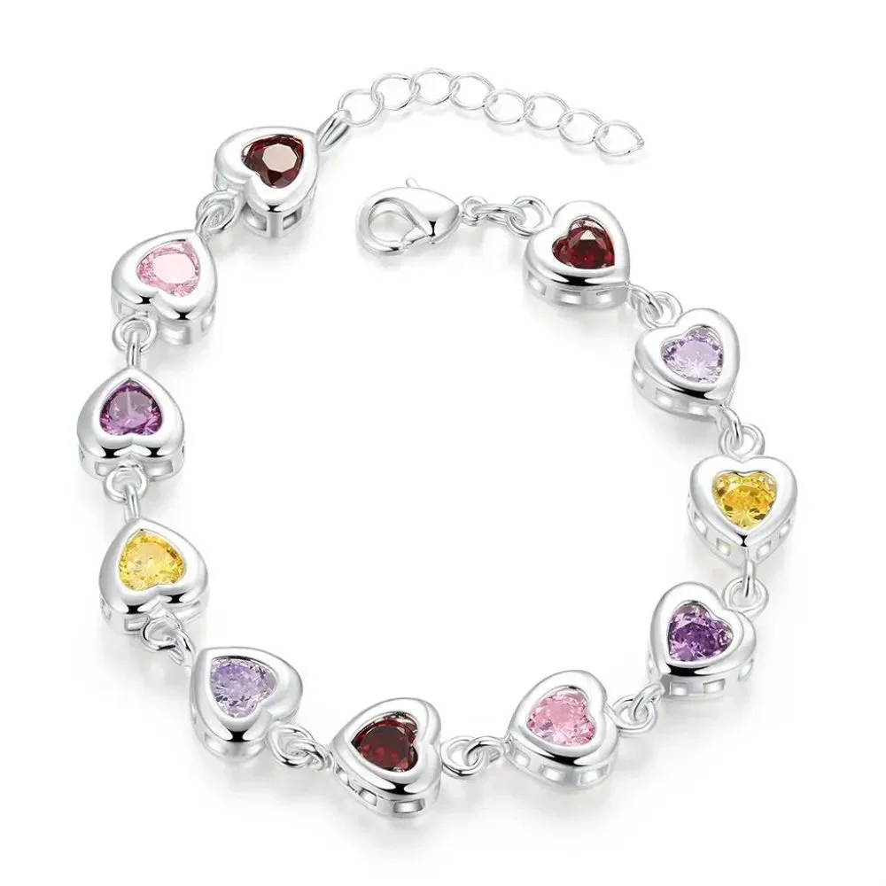 Beautiful Multi - Colored Heart Style Ladies Bracelet .925 Solid Sterling Silver - Picture 6 of 6